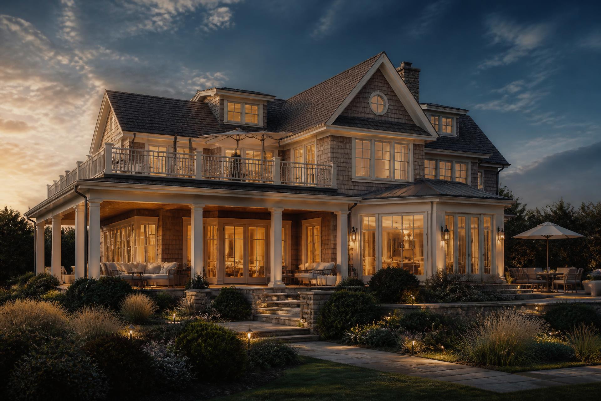 A South Jersey shore home glowing at dusk